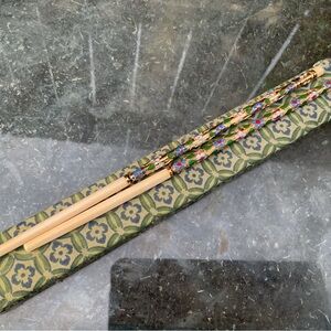 Vintage Cloisonné Gold Chinese Chopsticks Bone Floral Enamel w/ Box 8"